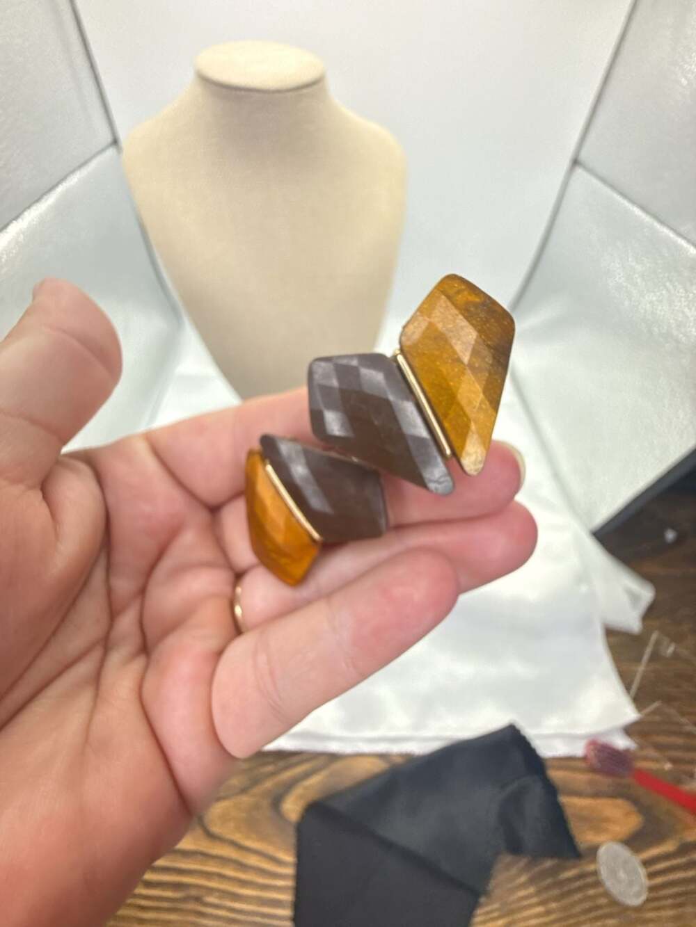 Vintage Western Germany Geometric Brown and Amber Resin Clip-On Earrings